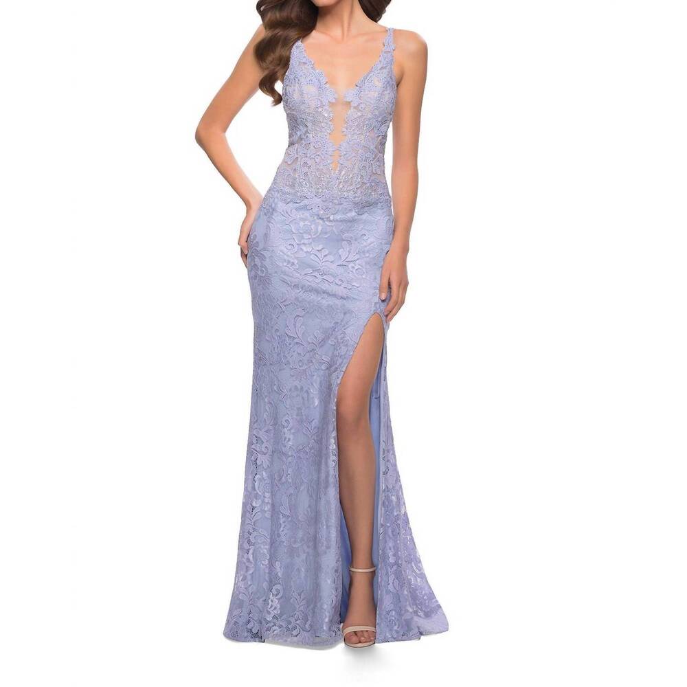 NEW LA FEMME long lace gown in light periwinkle
